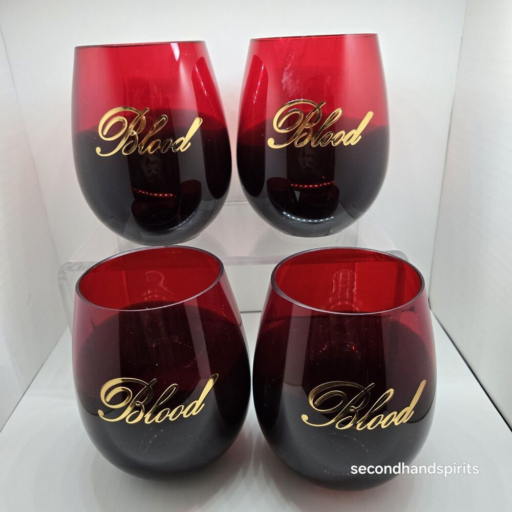 Set of 4 Halloween Blood Stemless Wine Glasses Red Black Ombre Gold Script